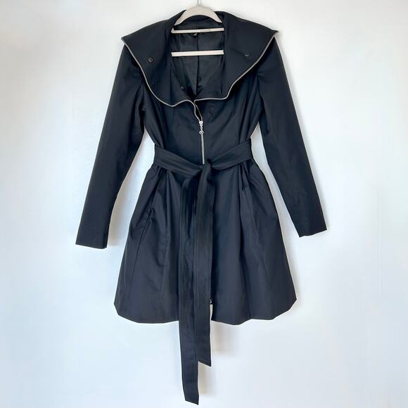 EUC Samuel Dong Black Fit & Flare Belted Trench Coat Size XS Zipper Collar - Picture 1 of 13